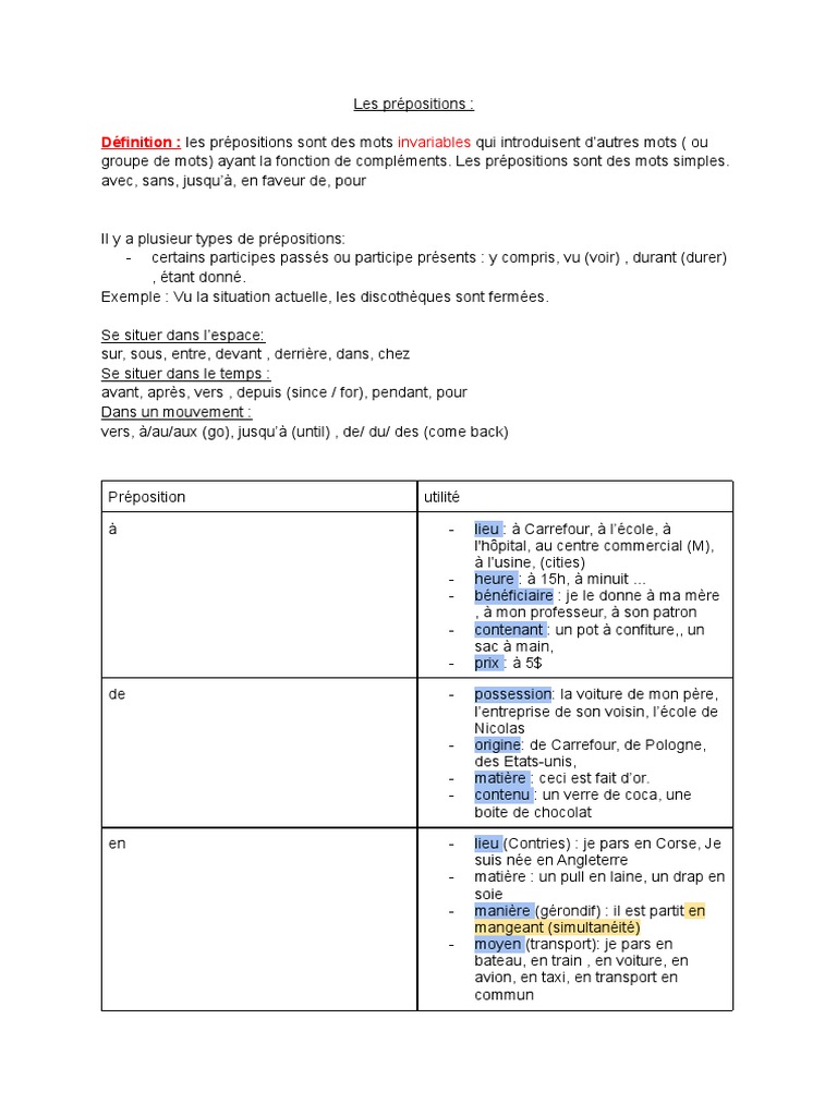 Les Prépositions | PDF | Adposition
