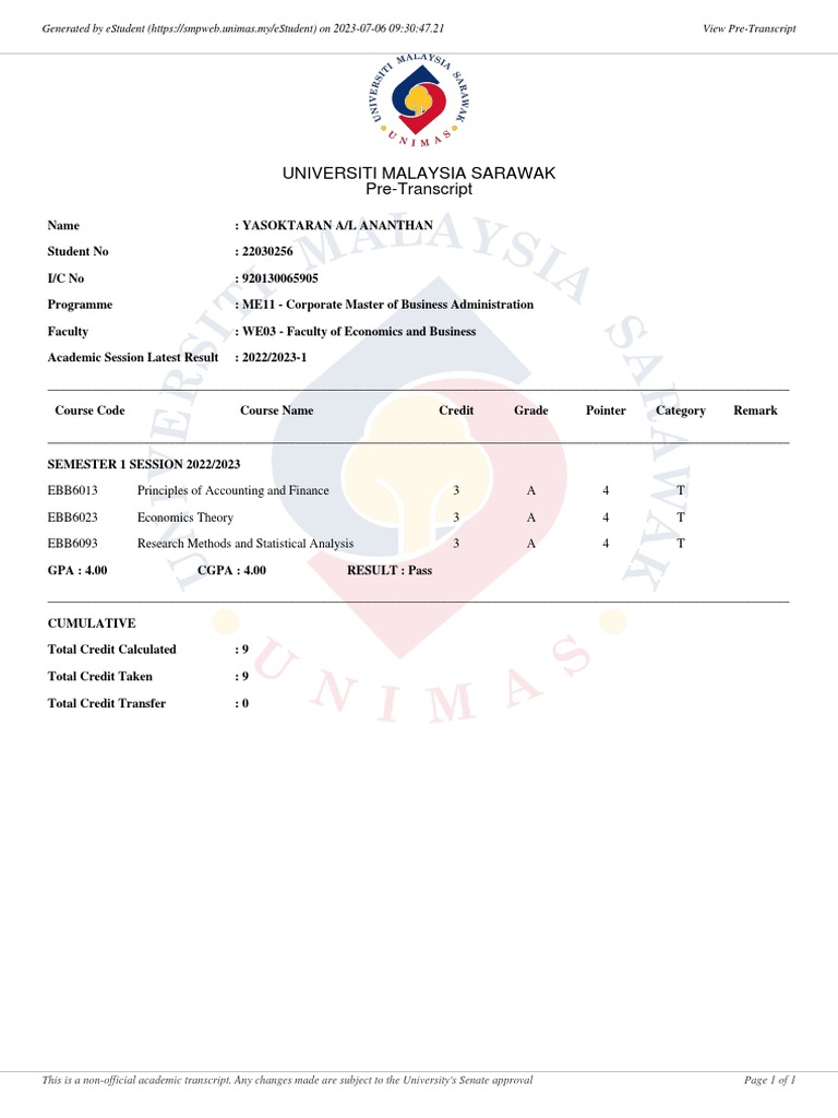 UNIMAS Pre-Transcript for YASOKTARAN | PDF