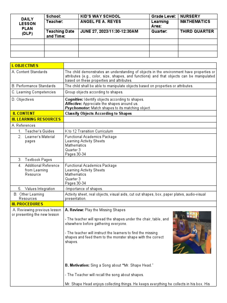 Lesson Plan - Shapes - Grade 3 | PDF