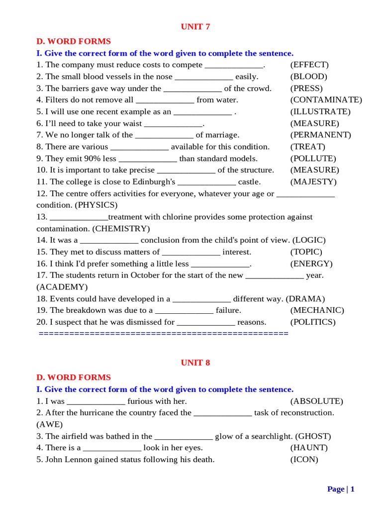 Bài tập Anh 8 theo chuyên đề WORD FORMS E8 (UNIT7-12) | PDF | Outer ...