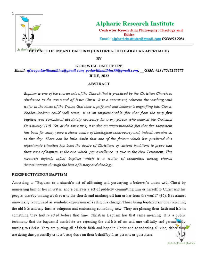 Defence of Infant Baptism (HistorioTheological Approach) PDF