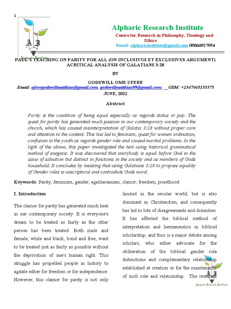 Paul's Teaching On Parity For All A Critical Analysis of Galatians 3
