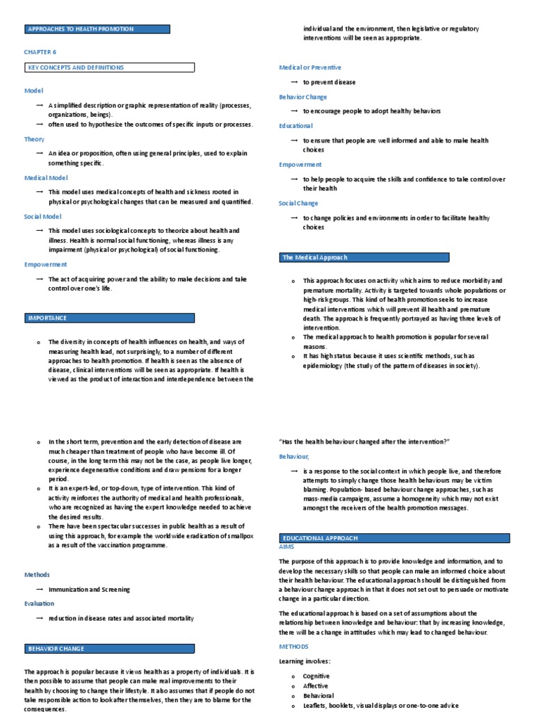 Health Promotion Approaches Explained | PDF | Behavior | Empowerment
