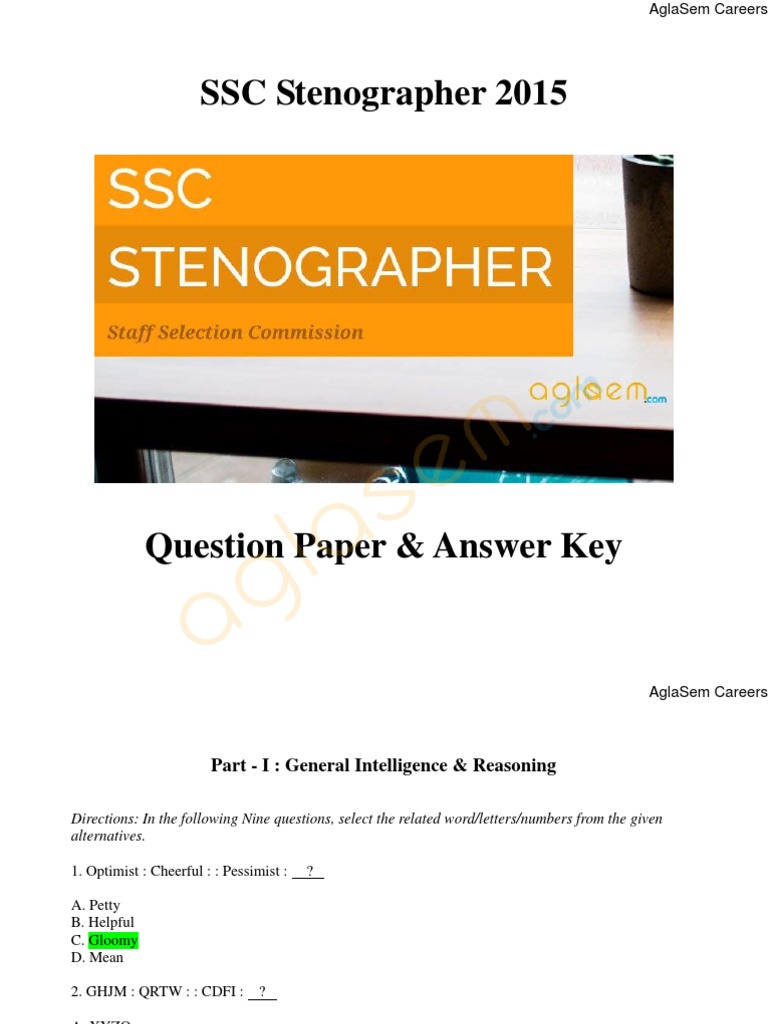 SSC Stenographer 2015 Exam Paper | PDF | Teaching Methods & Materials