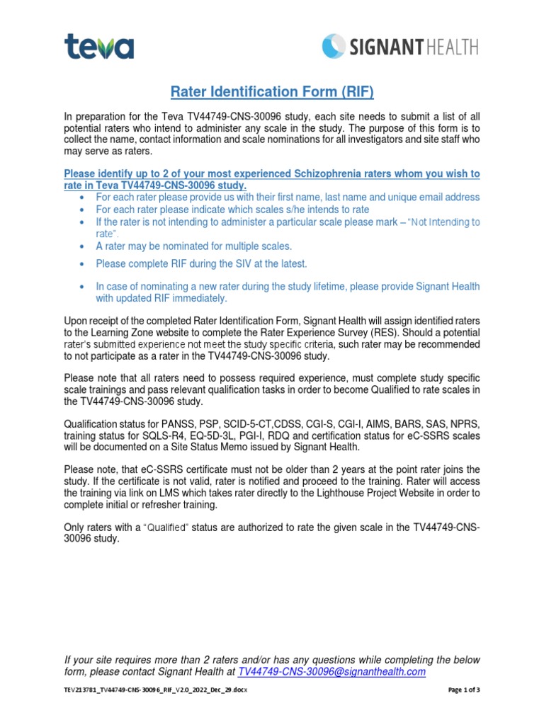 Rater Identification Form for Teva Study | PDF