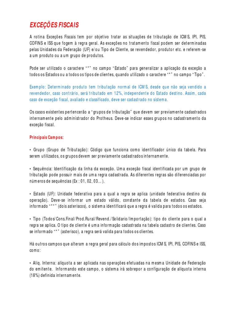 Exceções Fiscais no Protheus | PDF | Impostos | Taxa de imposto