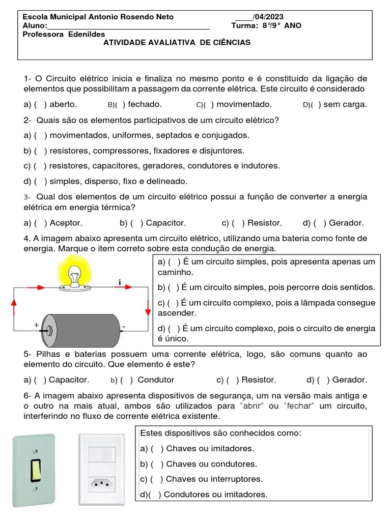 Atividade Avaliativa: Circuitos Elétricos 8º Ano | PDF | Rede elétrica ...