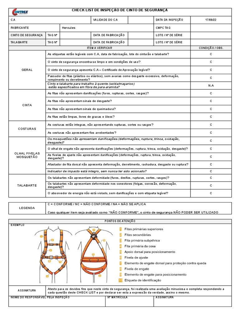 Check List de Inspeção de Cinto de Segurança CMPC | PDF | Materiais
