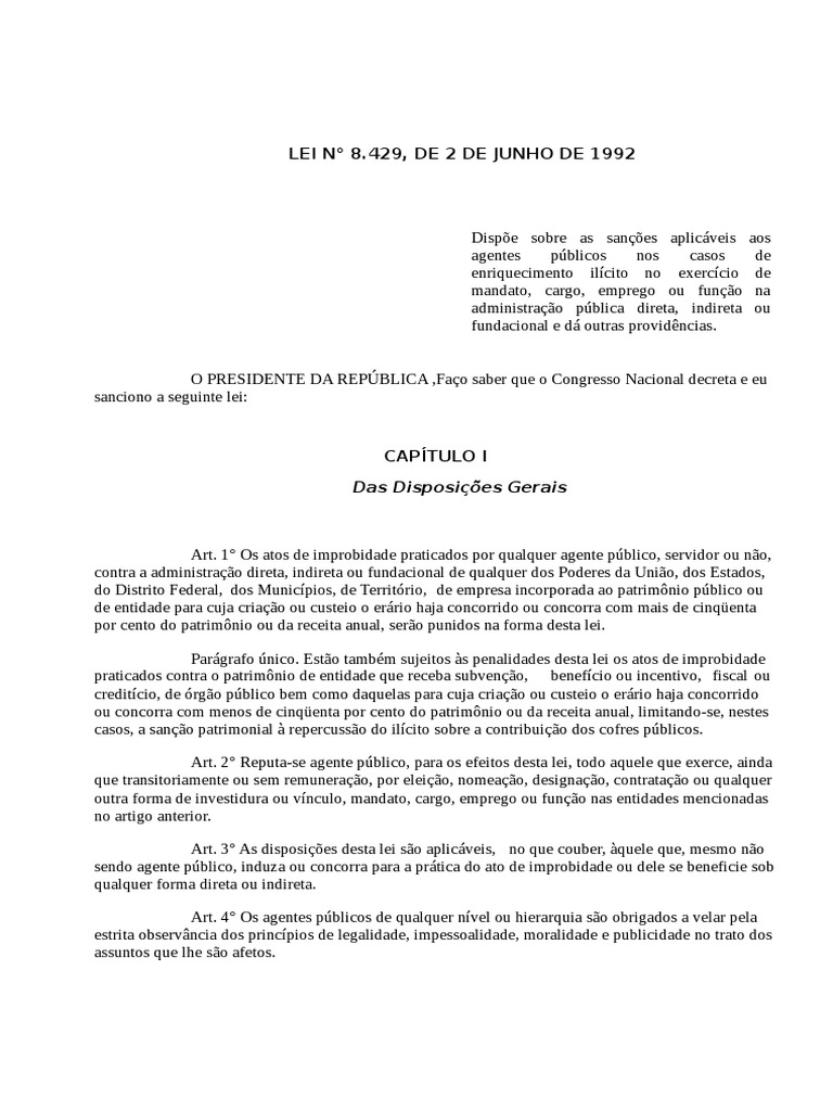 Lei Nº 8.429, de 2 de Junho de 1992 | PDF | Sentença (jurídico ...