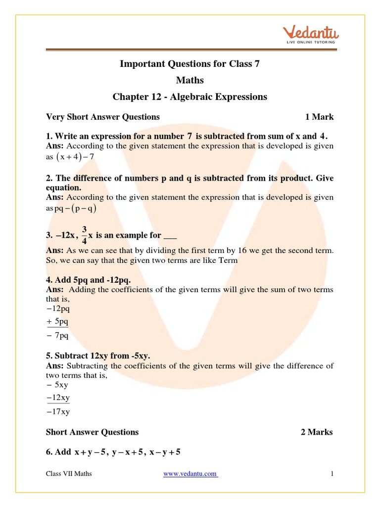 Important Questions for CBSE Class 7 Maths Chapter 4 - Simple Equations ...