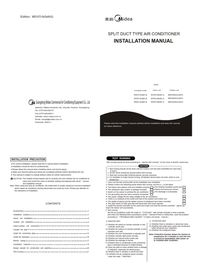 Installation Manual for 20HP Ductable Unit Duct (Flow) Air Conditioning