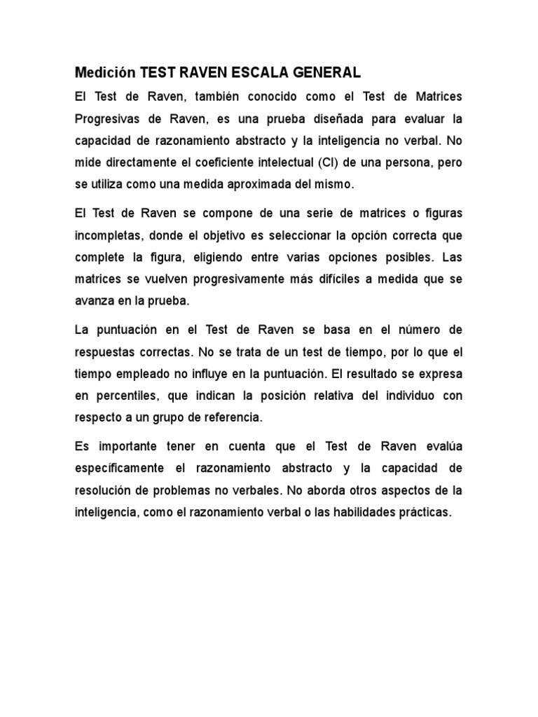 Medición TEST RAVEN ESCALA GENERAL | PDF | Crecimiento personal y ...