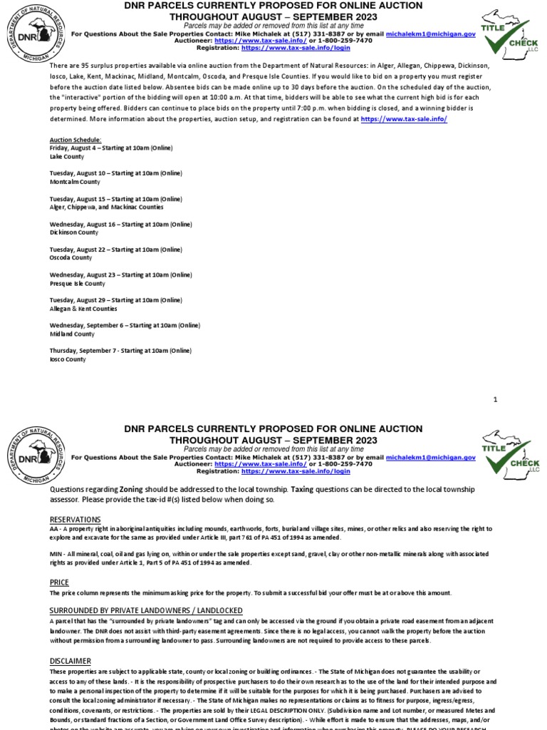 Michigan DNR Summer Parcel Auction | PDF | Land Lot | Plat
