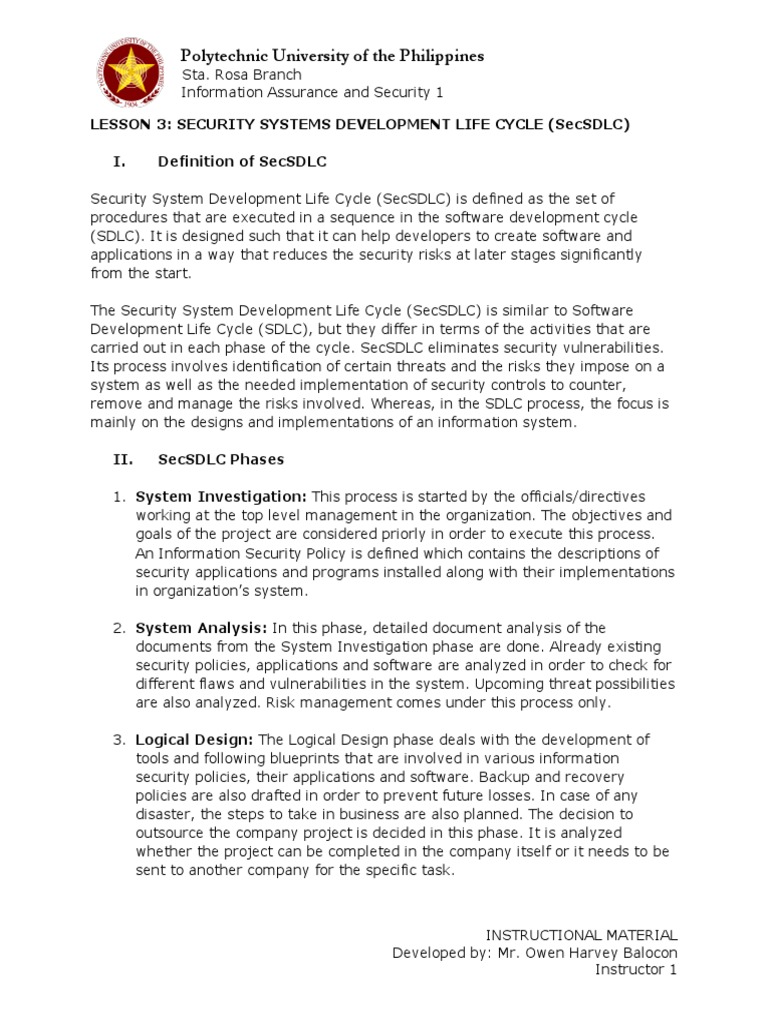 IAS Lesson 3. Security Systems Development Life Cycle PDF Computer