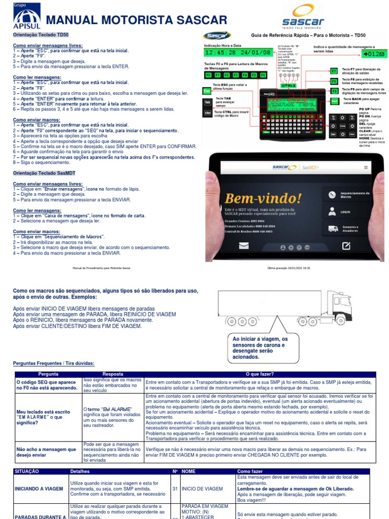 Manual do Motorista Sascar: Teclado TD50 | PDF