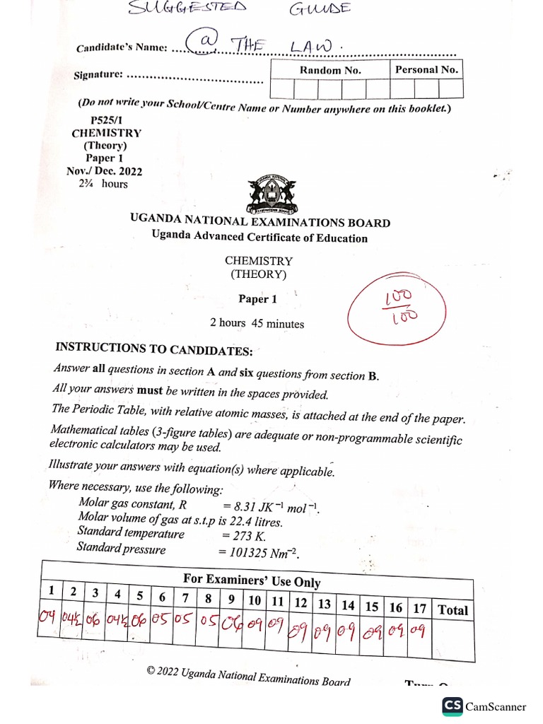CHEMISTRY PAPER 1 UNEB The Law Suggested Guide P5251 2022 PDF