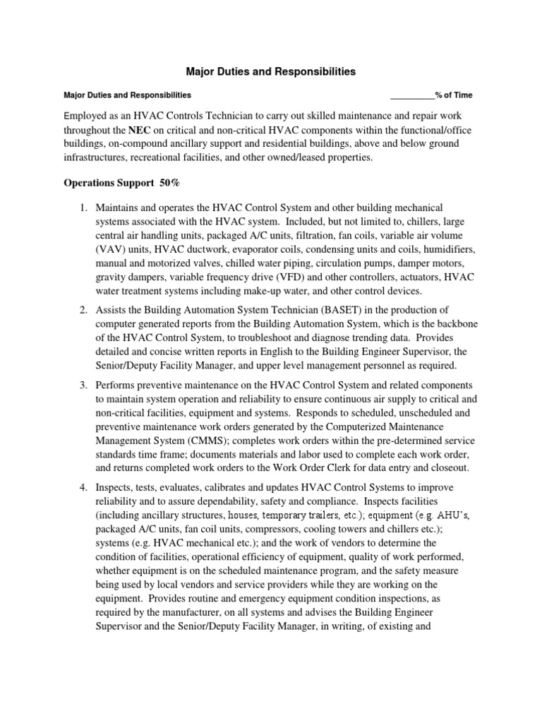 Major Duties and Responsibilities HVAC Technician PDF Mechanical