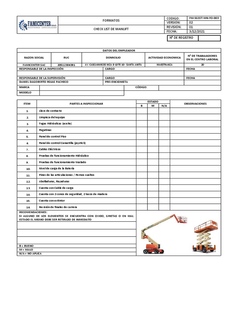 Check List de Inspección de Manlift | PDF