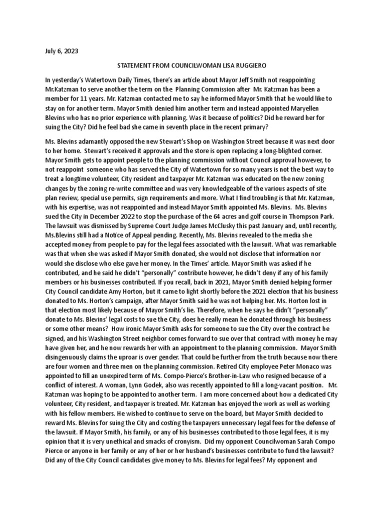 Councilwoman ruggiero july 6 2023 press release on katzman not being