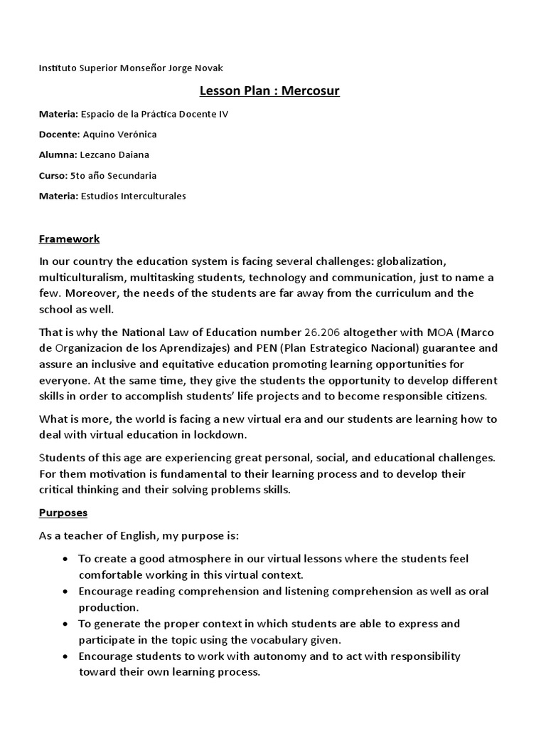 Lesson Plan - Mercosur | PDF | Vocabulary | Critical Thinking