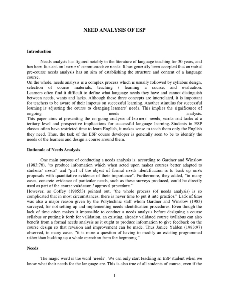 ESP Needs Analysis Overview | PDF | English Language | Survey Methodology