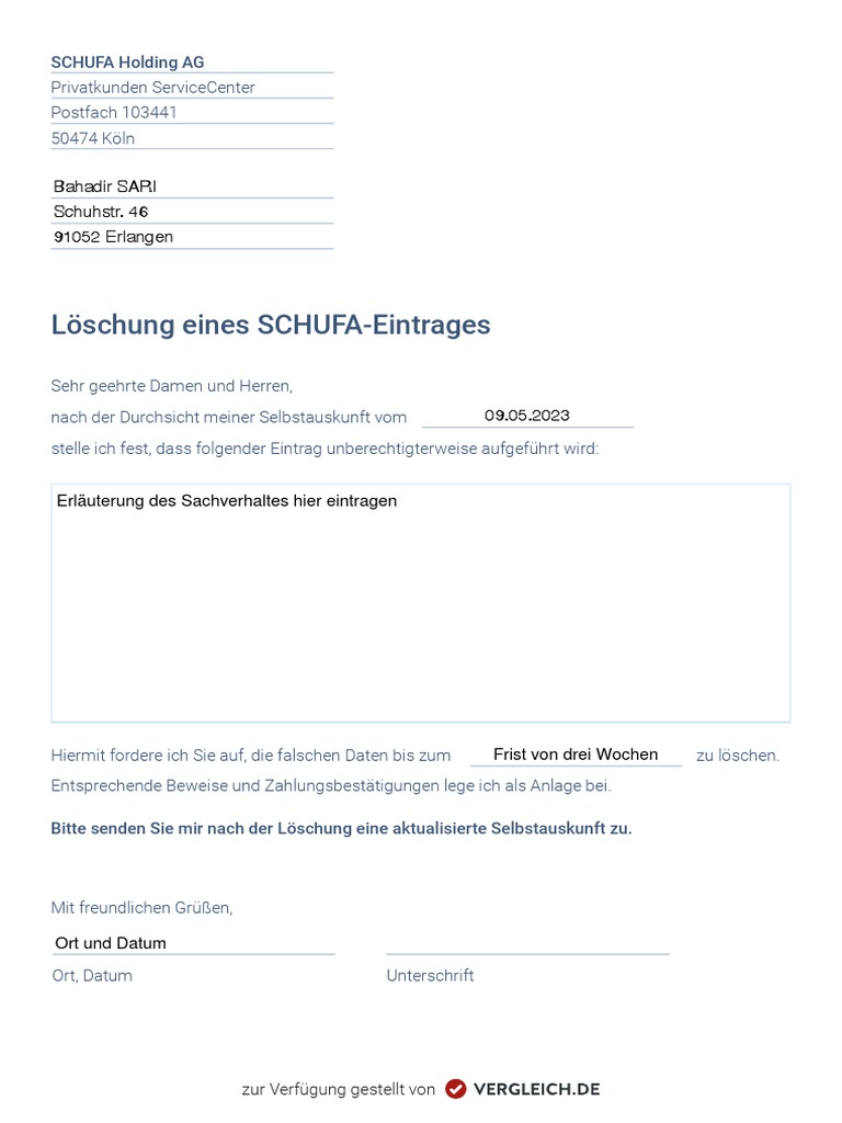 Musterformular SchufaeintragLoeschen PDF