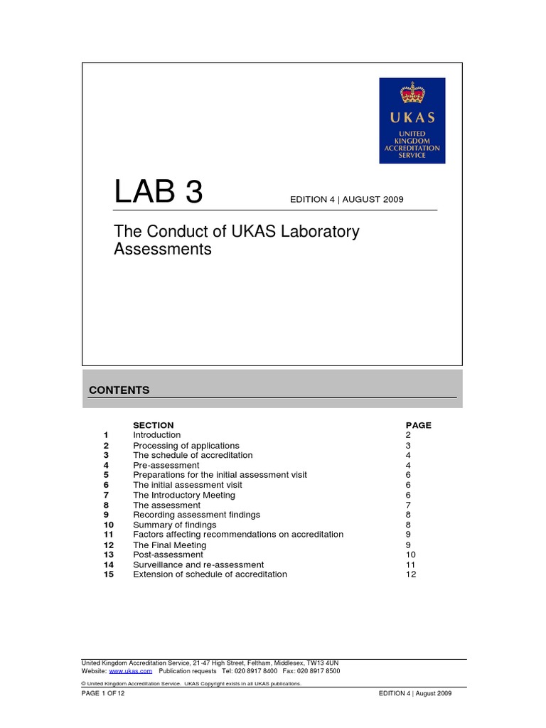 The Conduct of UKAS Laboratory Assessments (Edition 4, August 2009) | PDF