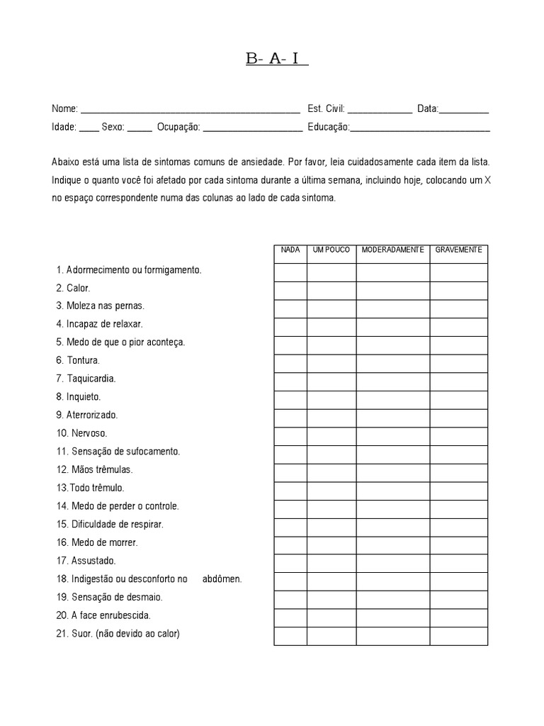 BAI Inventario de Ansiedade de Beck | PDF