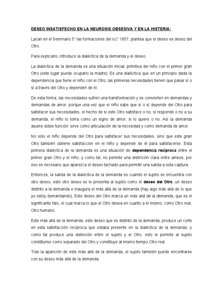 Deseo Insatisfecho en La Neurosis Obsesiva y en La Histeria | PDF ...