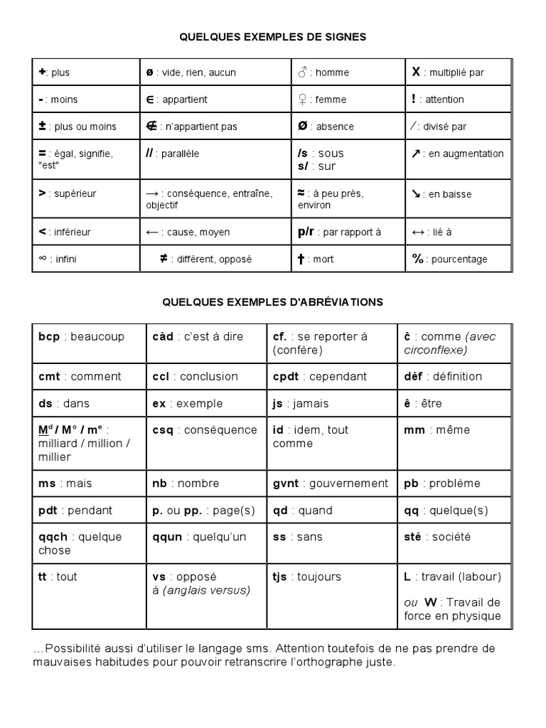 Abréviations et symboles de prise de notes | PDF