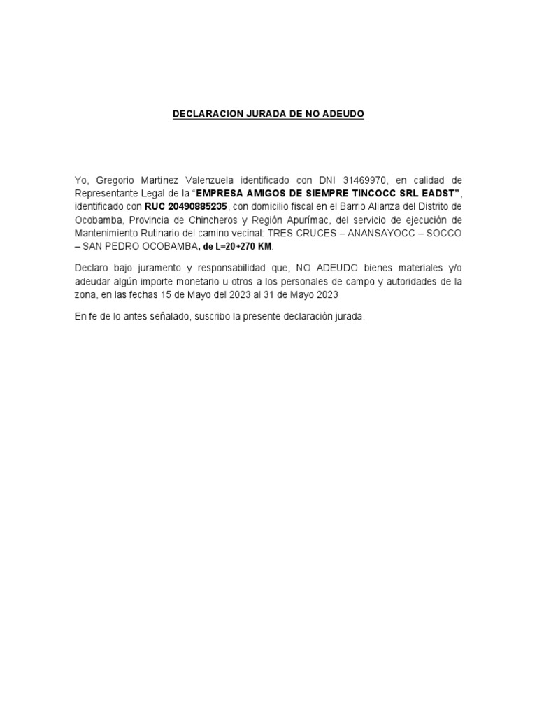 Declaracion Jurada de No Adeudo | PDF