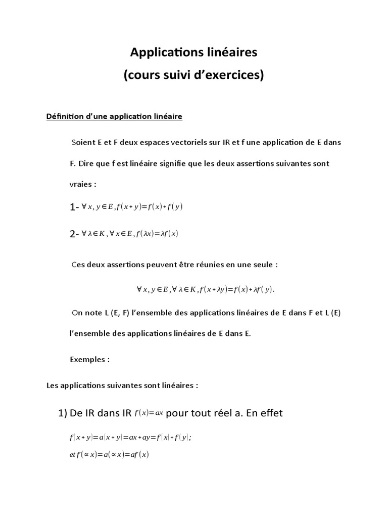Cours et exercices sur les applications linéaires | PDF | Espace ...