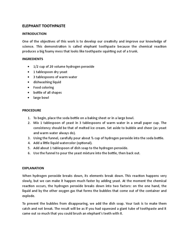 Elephant Toothpaste PDF Chemistry Chemical Substances