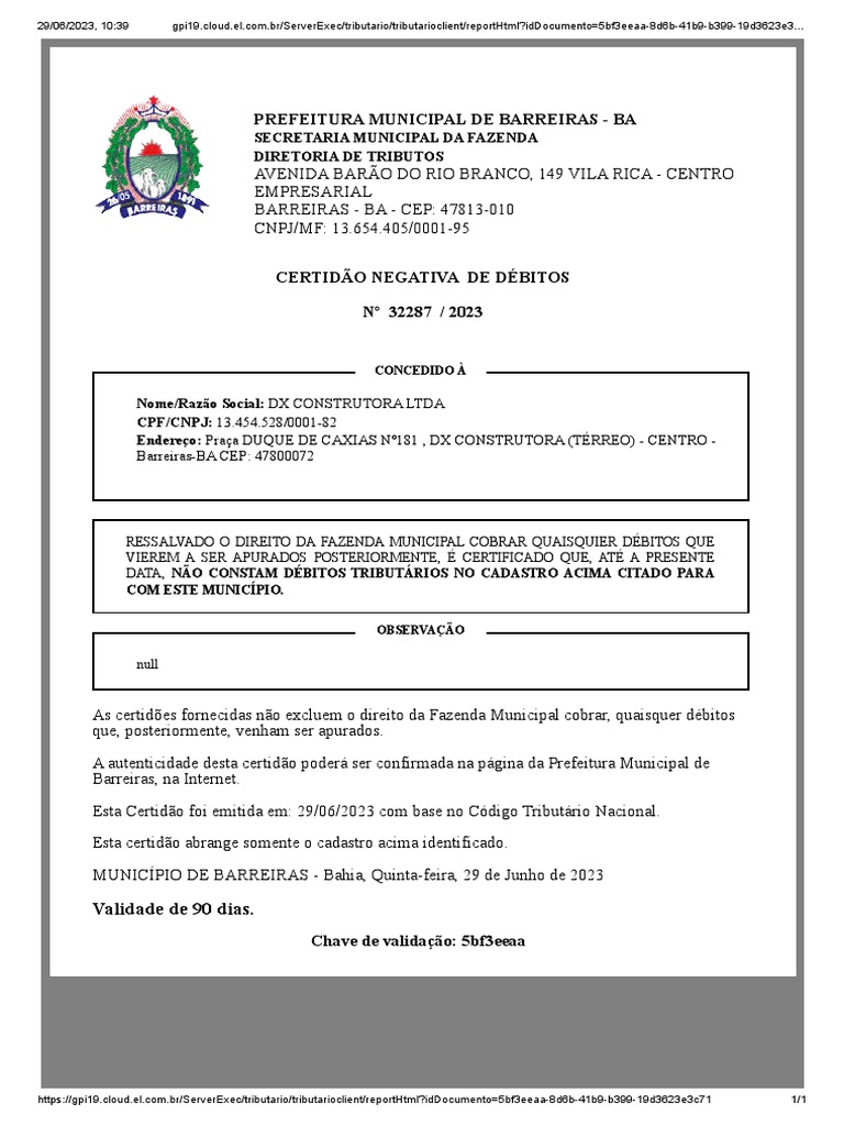 Certidão Negativa de Débitos - Barreiras | PDF