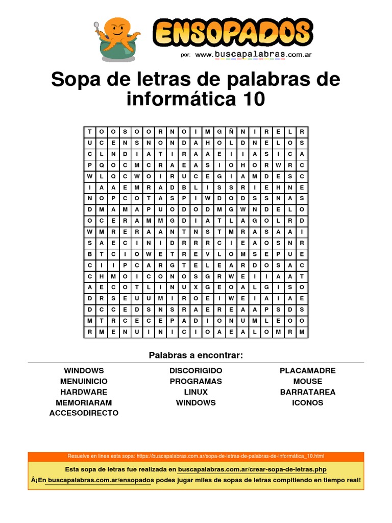 Sopa de Letras de Palabras de Informática 10 | PDF | Software del ...