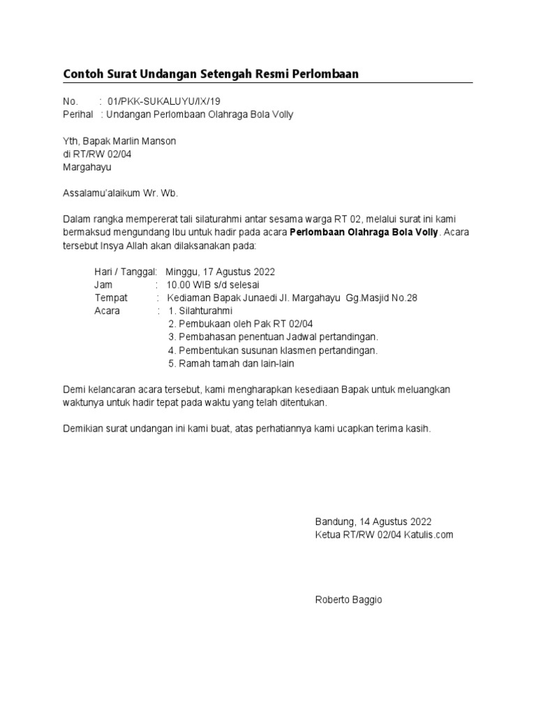 contoh undangan setengah resmi perlombaan olahraga - Katulis.com_ | PDF