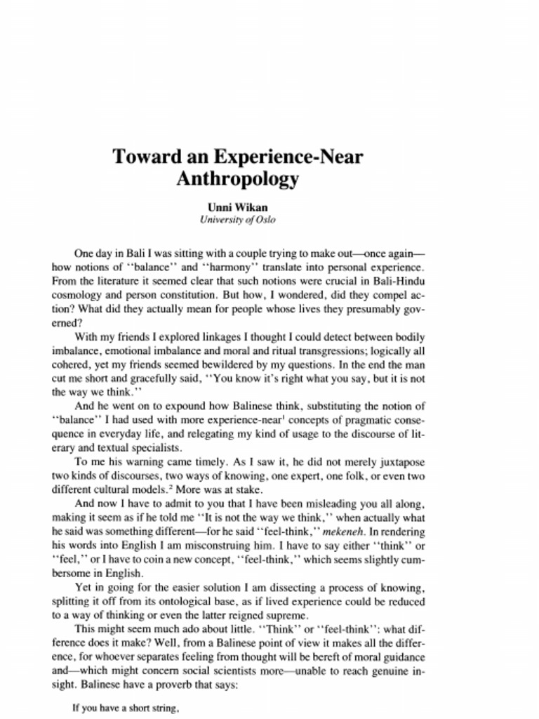 Wikan, Unni (1991) Toward An Experience-Near Anthropology | PDF