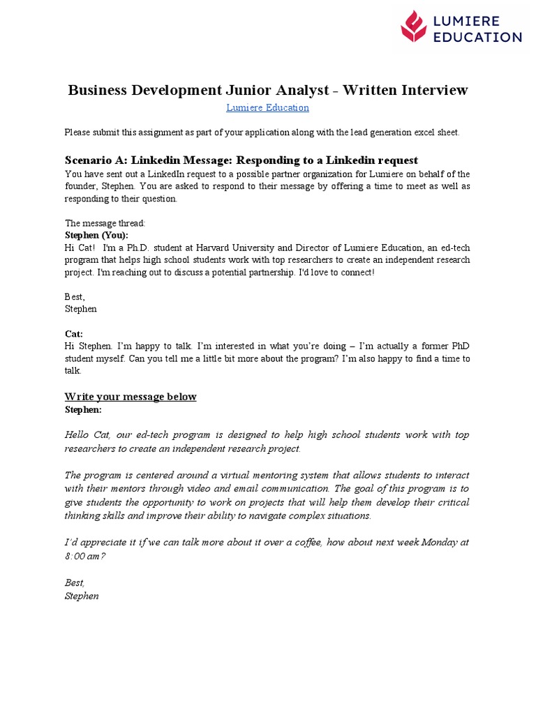 Business Development Analyst Interview Tasks | PDF | Linked In ...
