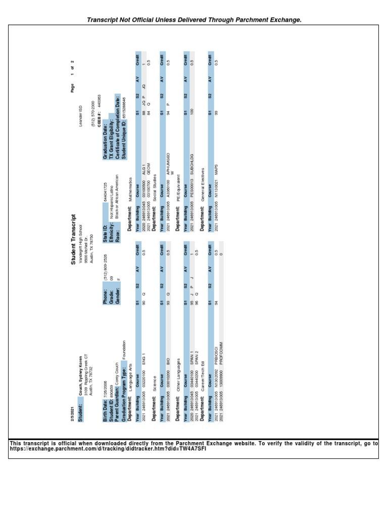 Transcript not official unless delivered through parchment exchange pdf