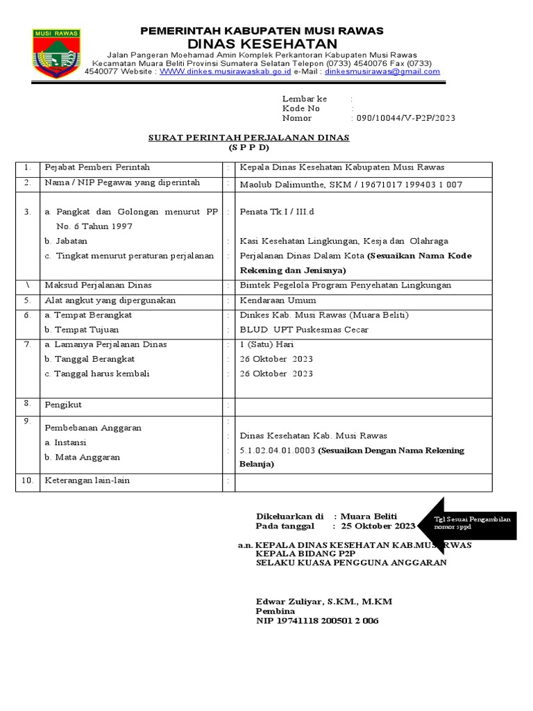 SPPD Bimtek Kesehatan Musi Rawas | PDF