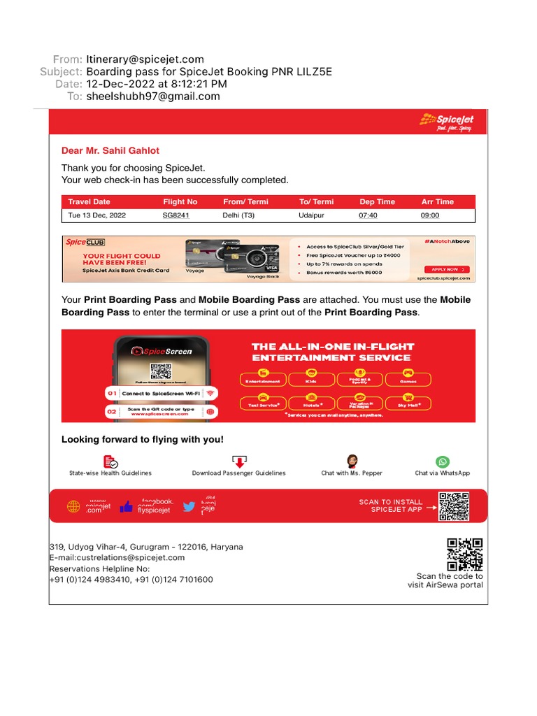 Boarding Pass for SpiceJet Booking PNR LILZ5E PDF