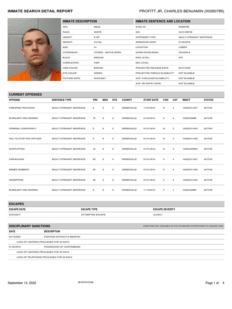 Inmate Profile: Charles Benjamin Profitt Jr. | PDF | Crime & Violence ...