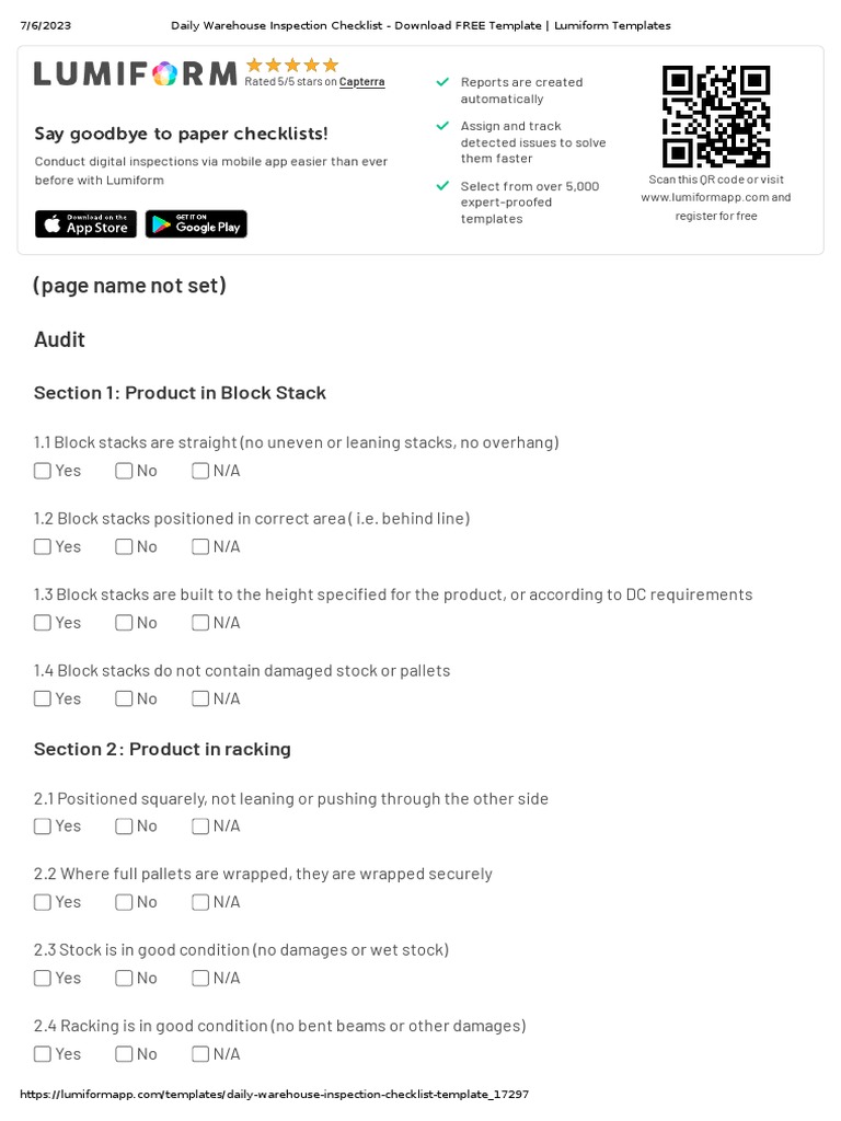 Daily Warehouse Inspection Checklist Template | PDF | Pallet | Warehouse