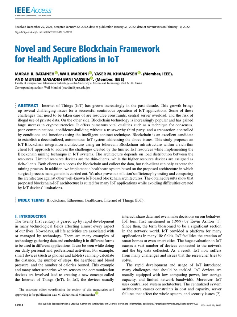 Novel and Secure Blockchain Framework For Health Applications in IoT ...