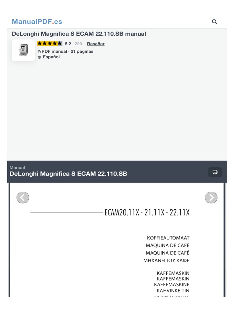 DeLonghi Magnifica S ECAM 22.110.SB Manual PDF