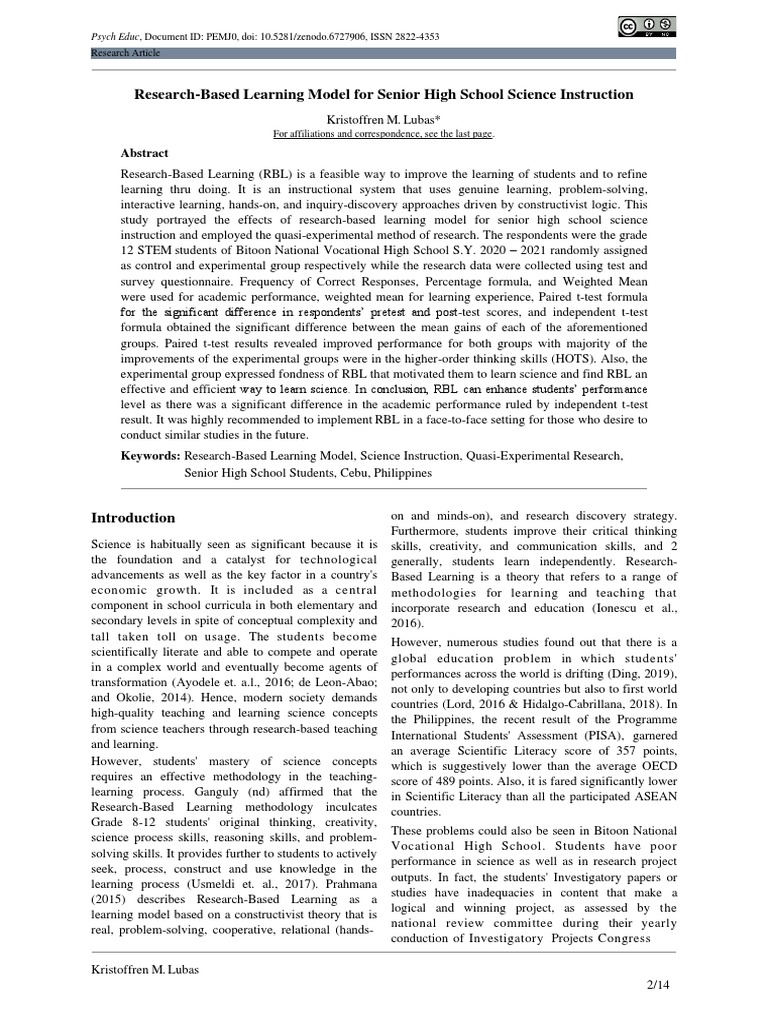 Research-Based Learning in High School Science | PDF