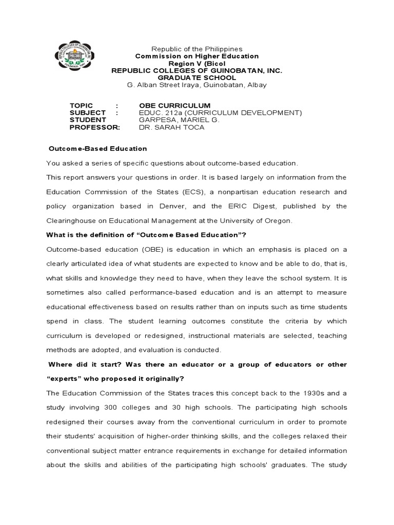 Obe Curriculum - Educ 212a | PDF