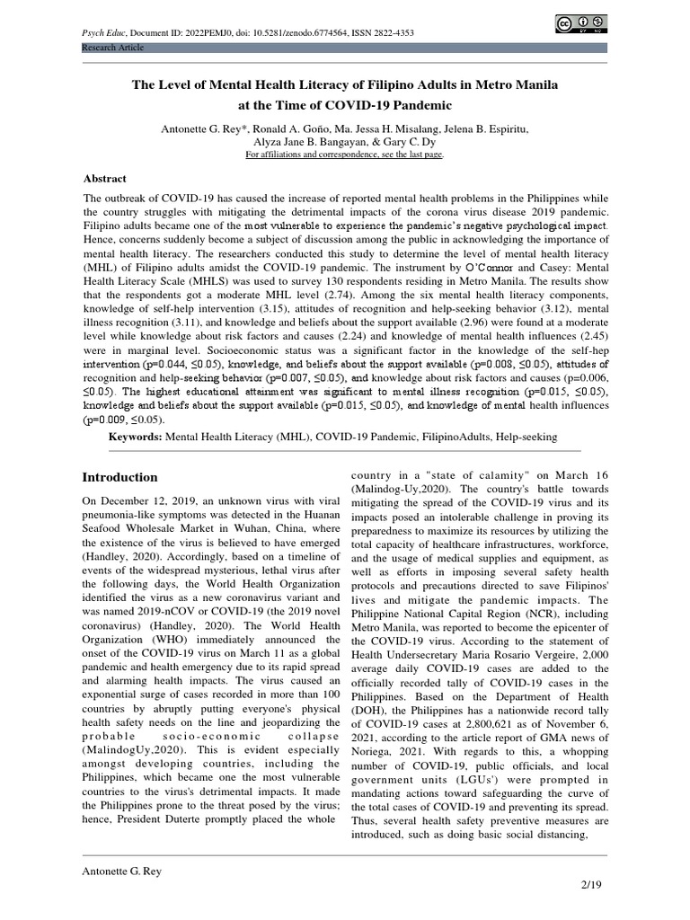 Mental Health Literacy of Filipino Adults | PDF | Mental Disorder ...