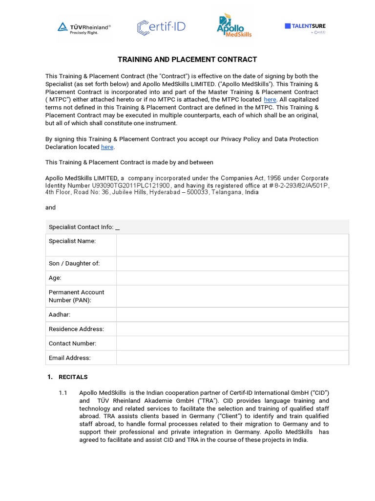 Training & Placement Contract - Nurses - Apollo - 31st Jan 2023 | PDF ...