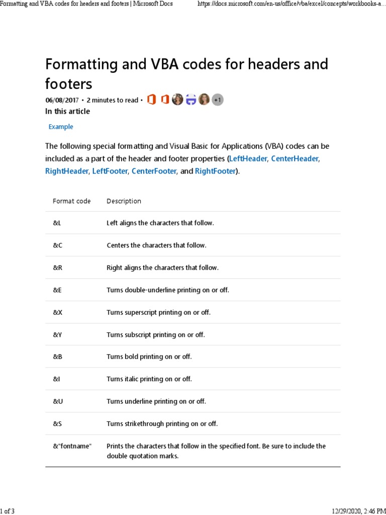 Formatting and VBA codes for Headers and Footers - Microsoft Docs | PDF ...